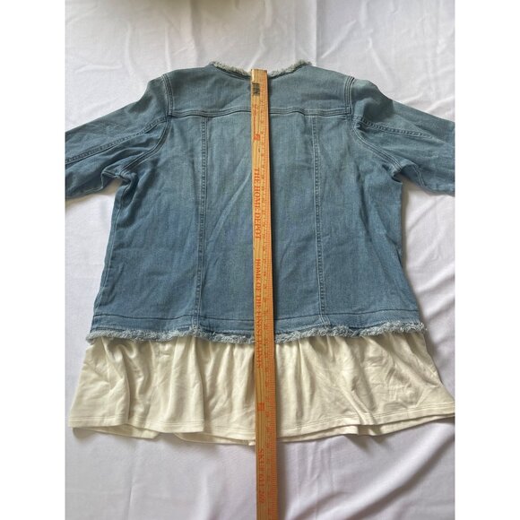 LOGO Lori Goldstein Denim Jacket W/ Frayed Hem & Layered White Shirt Womens 18W - Picture 7 of 8